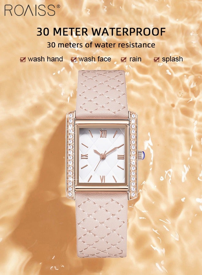 roaiss Women's Leather Strap Quartz Watch, Analog Display Rhombic Texture Dial with Rhinestones Decorated Bezel, Waterproof Fashionable Simple Wristwatch as Gift for Ladies - Image 5