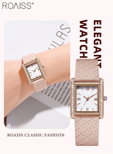 Women's Leather Strap Quartz Watch, Analog Display Rhombic Texture Dial with Rhinestones Decorated Bezel, Waterproof Fashionable Simple Wristwatch as Gift for Ladies