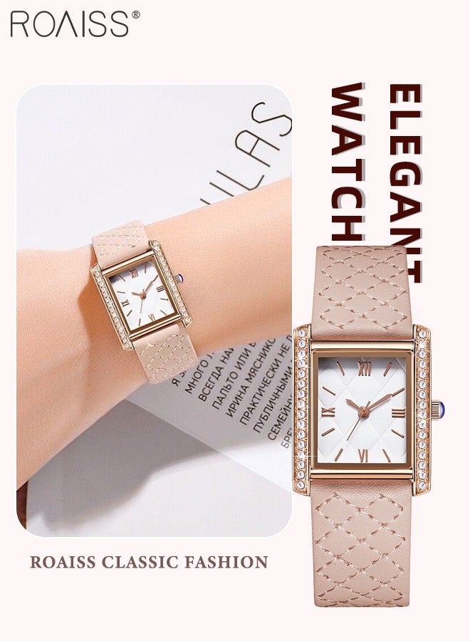roaiss Women's Leather Strap Quartz Watch, Analog Display Rhombic Texture Dial with Rhinestones Decorated Bezel, Waterproof Fashionable Simple Wristwatch as Gift for Ladies - Image 1
