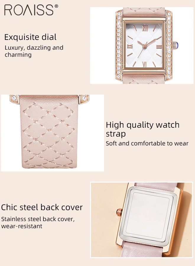roaiss Women's Leather Strap Quartz Watch, Analog Display Rhombic Texture Dial with Rhinestones Decorated Bezel, Waterproof Fashionable Simple Wristwatch as Gift for Ladies - Image 4