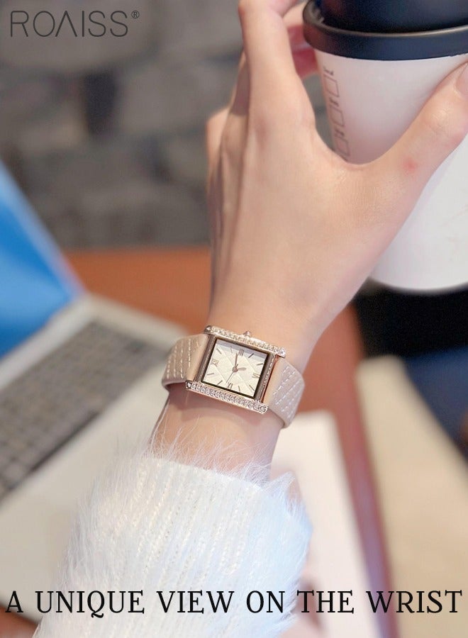 roaiss Women's Leather Strap Quartz Watch, Analog Display Rhombic Texture Dial with Rhinestones Decorated Bezel, Waterproof Fashionable Simple Wristwatch as Gift for Ladies - Image 2