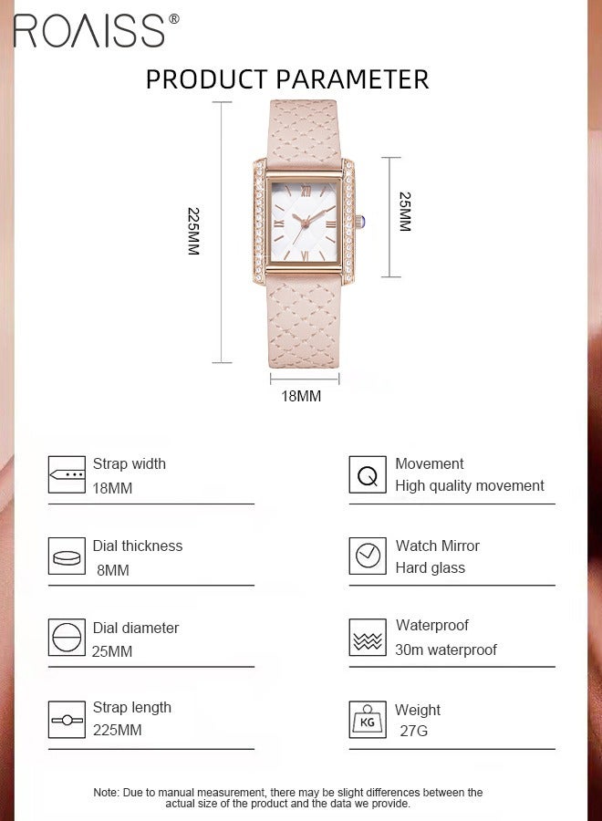roaiss Women's Leather Strap Quartz Watch, Analog Display Rhombic Texture Dial with Rhinestones Decorated Bezel, Waterproof Fashionable Simple Wristwatch as Gift for Ladies - Image 3
