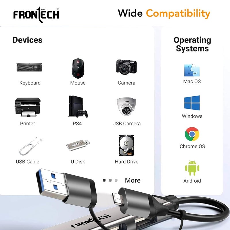 FRONTECH 7-in-1 USB Hub | USB 3.0 High-Speed 5Gbps + 6× USB 2.0 Ports | Dual Input (USB + Type-C) | Metal Matte Finish | Wide Compatibility for Laptop, PC, Mac, Android, Tablet, Camera & More(NC-0043) - Image 5