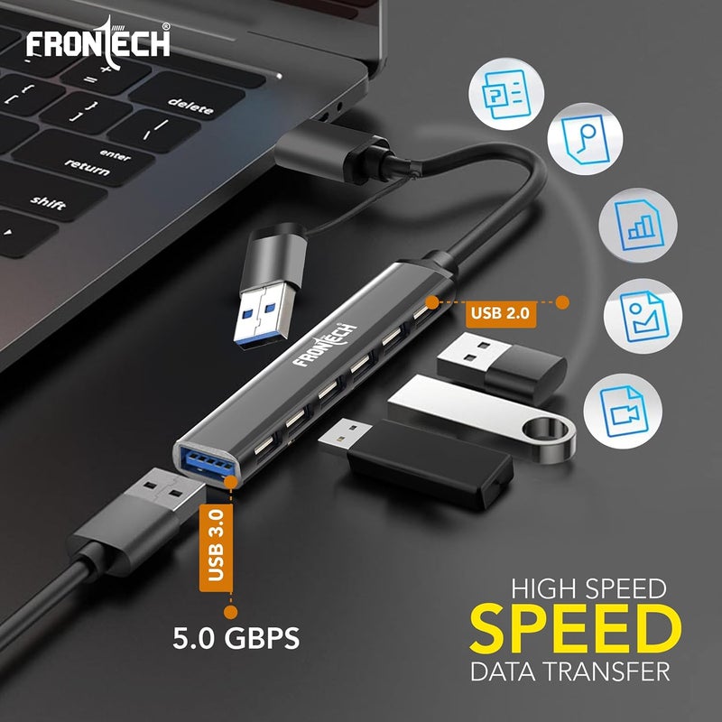 FRONTECH 7-in-1 USB Hub | USB 3.0 High-Speed 5Gbps + 6× USB 2.0 Ports | Dual Input (USB + Type-C) | Metal Matte Finish | Wide Compatibility for Laptop, PC, Mac, Android, Tablet, Camera & More(NC-0043) - Image 4