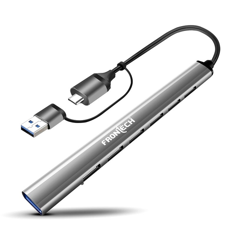 FRONTECH 7-in-1 USB Hub | USB 3.0 High-Speed 5Gbps + 6× USB 2.0 Ports | Dual Input (USB + Type-C) | Metal Matte Finish | Wide Compatibility for Laptop, PC, Mac, Android, Tablet, Camera & More(NC-0043) - Image 1