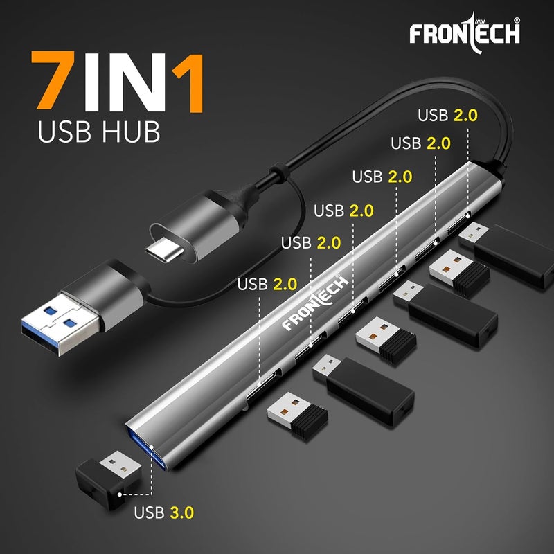 FRONTECH 7-in-1 USB Hub | USB 3.0 High-Speed 5Gbps + 6× USB 2.0 Ports | Dual Input (USB + Type-C) | Metal Matte Finish | Wide Compatibility for Laptop, PC, Mac, Android, Tablet, Camera & More(NC-0043) - Image 2