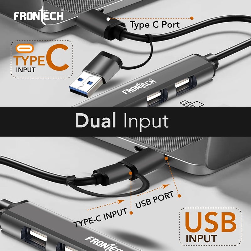 FRONTECH 7-in-1 USB Hub | USB 3.0 High-Speed 5Gbps + 6× USB 2.0 Ports | Dual Input (USB + Type-C) | Metal Matte Finish | Wide Compatibility for Laptop, PC, Mac, Android, Tablet, Camera & More(NC-0043) - Image 3