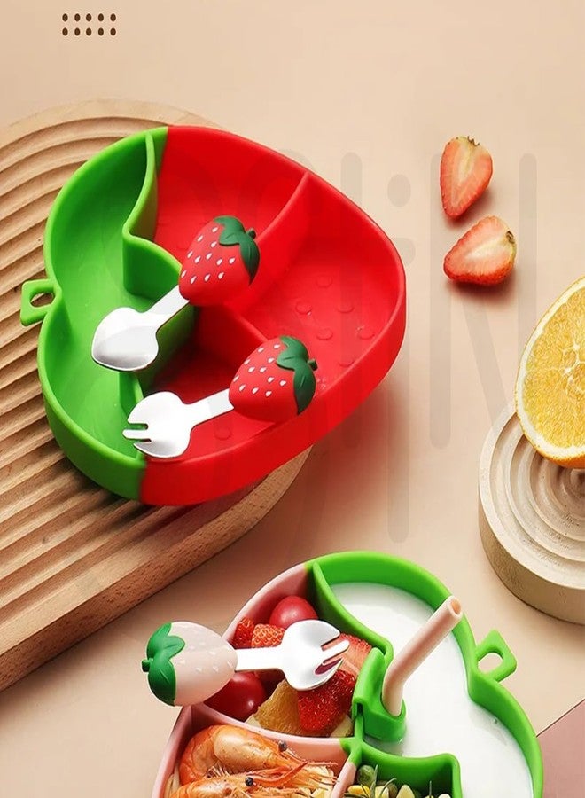 Ostin Silicone Baby Feeding Set, Silicone Strawberry Plates, Neutral Colors, Divided Plates, BPA Free, Microwave, Dishwasher Safe with Spoon. (Strawberry Red) - Image 5
