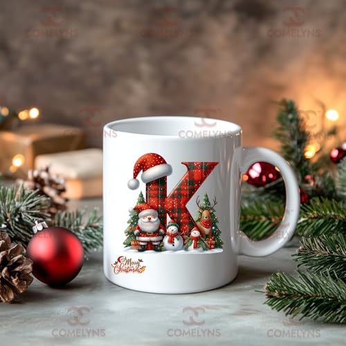 Comelyns Christmas Alphabet Word Printed Ceramic Mug, Christmas Xmas Coffee Mug Gift for Kids Boy Girls, Christmas Coffee Cup Mug Gift Mug (Letter K) - Image 1