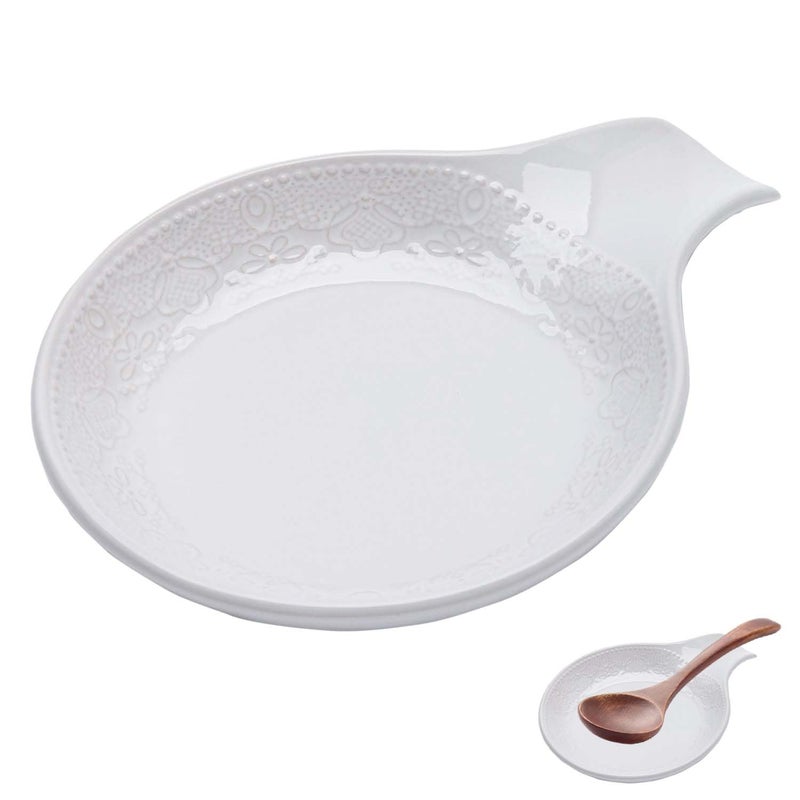 FE FUN ELEMENTS SpoonHolder Ceramic Countertop Spoon Rest Lace Embossed 55inch Utensil Tray White