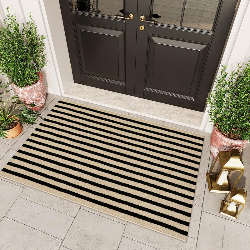OJIA Washable Outdoor Rug 3'x5', Black and Tan Striped Outdoor Porch Rug Entryway Rugs Indoor Front Door Mat Outside Entrance Cotton Floor Carpet for Entry/Patio/Living Room/Balcony/Deck Decor - Image 5