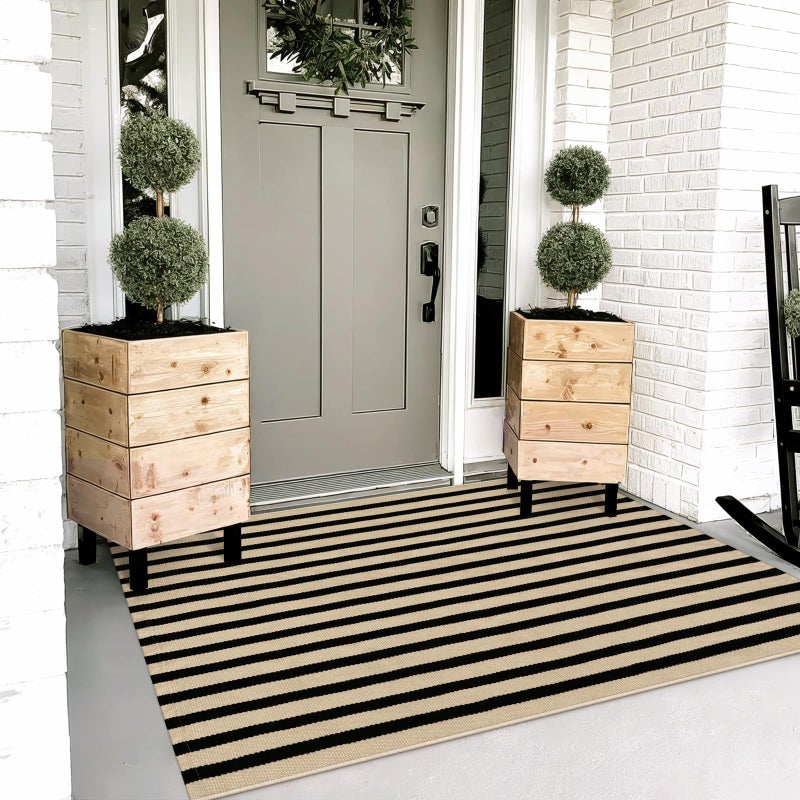 OJIA Washable Outdoor Rug 3'x5', Black and Tan Striped Outdoor Porch Rug Entryway Rugs Indoor Front Door Mat Outside Entrance Cotton Floor Carpet for Entry/Patio/Living Room/Balcony/Deck Decor - Image 1