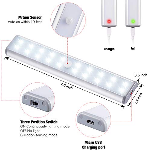 LEPOTEC Motion Sensor Cabinet Lights,USB Rechargeable 20 LED Portable Cordless Closet Lighting,Wireless Under Counter Light Bar, Magnetic Removable Stick-On Anywhere for Wardrobe/Cupboard/Stairs (2 Pack) - Image 2