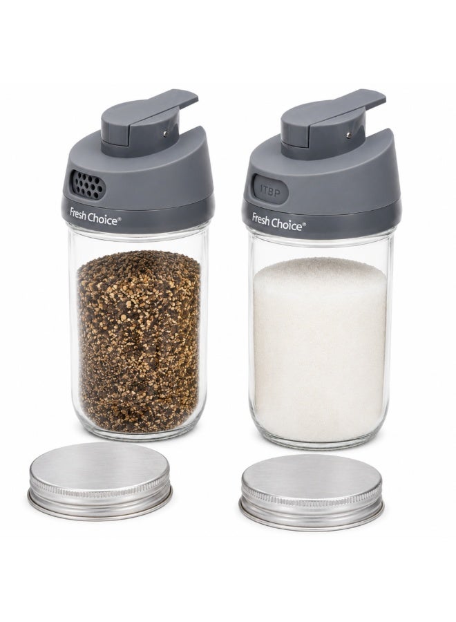 فريش تشويس Fresh Choice Spice Dispenser Jar Set، 2 قطع، برطمانات زجاجية 350 مل بغطاء لتوزيع التوابل بثلاث طرق، رجّ وصب وتوزيع ملعقة صغيرة - Image 1