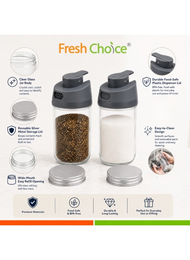 فريش تشويس Fresh Choice Spice Dispenser Jar Set، 2 قطع، برطمانات زجاجية 350 مل بغطاء لتوزيع التوابل بثلاث طرق، رجّ وصب وتوزيع ملعقة صغيرة - Image 5