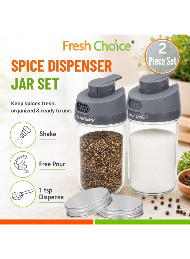 فريش تشويس Fresh Choice Spice Dispenser Jar Set، 2 قطع، برطمانات زجاجية 350 مل بغطاء لتوزيع التوابل بثلاث طرق، رجّ وصب وتوزيع ملعقة صغيرة - Image 2
