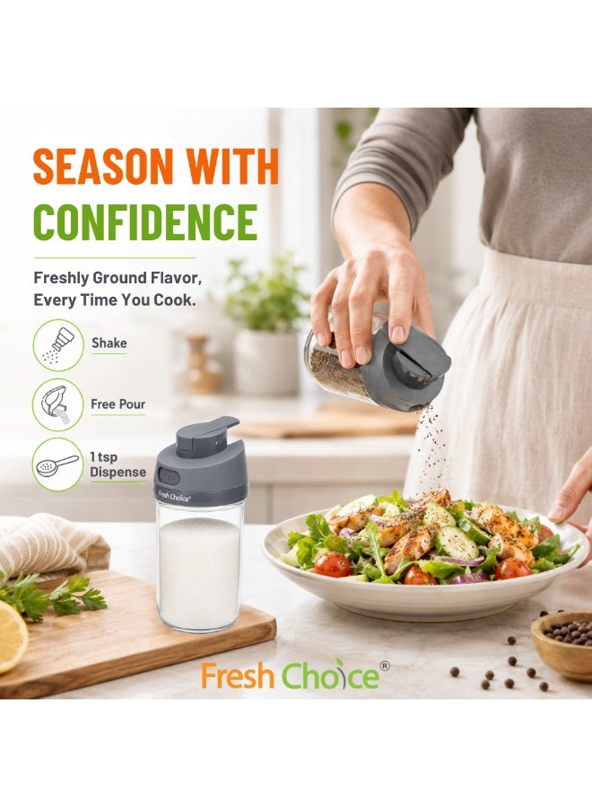 فريش تشويس Fresh Choice Spice Dispenser Jar Set، 2 قطع، برطمانات زجاجية 350 مل بغطاء لتوزيع التوابل بثلاث طرق، رجّ وصب وتوزيع ملعقة صغيرة - Image 4