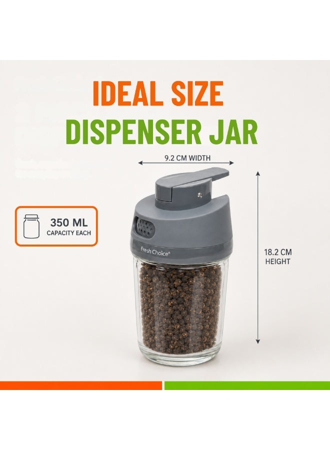 فريش تشويس Fresh Choice Spice Dispenser Jar Set، 2 قطع، برطمانات زجاجية 350 مل بغطاء لتوزيع التوابل بثلاث طرق، رجّ وصب وتوزيع ملعقة صغيرة - Image 3