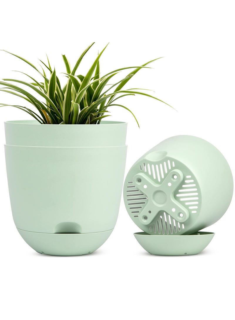 SYOSI عبوة 3 من أواني الزرع البلاستيكية بعمق 8 بوصات، مزود بنظام سقاية ذاتي مع خزان عميق وفتحات تصريف عالية، للاستخدام الخارجي والداخلي وحدائق (أخضر) - Image 1