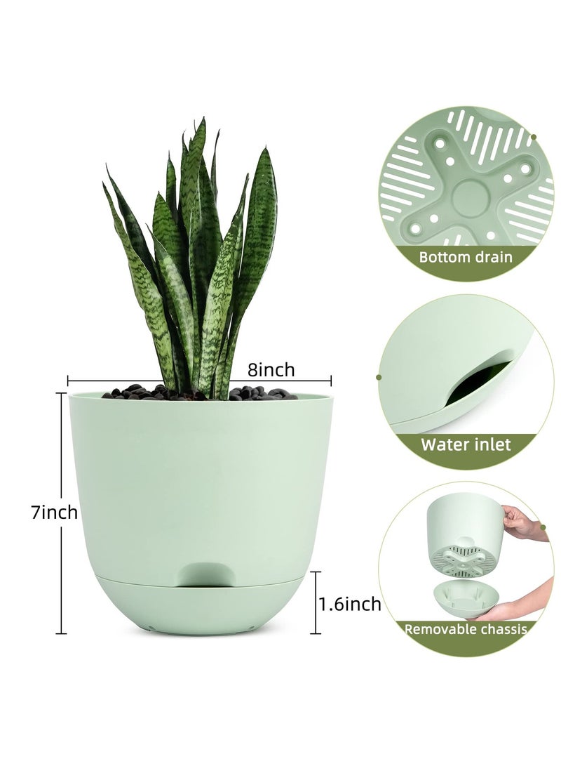 SYOSI عبوة 3 من أواني الزرع البلاستيكية بعمق 8 بوصات، مزود بنظام سقاية ذاتي مع خزان عميق وفتحات تصريف عالية، للاستخدام الخارجي والداخلي وحدائق (أخضر) - Image 2