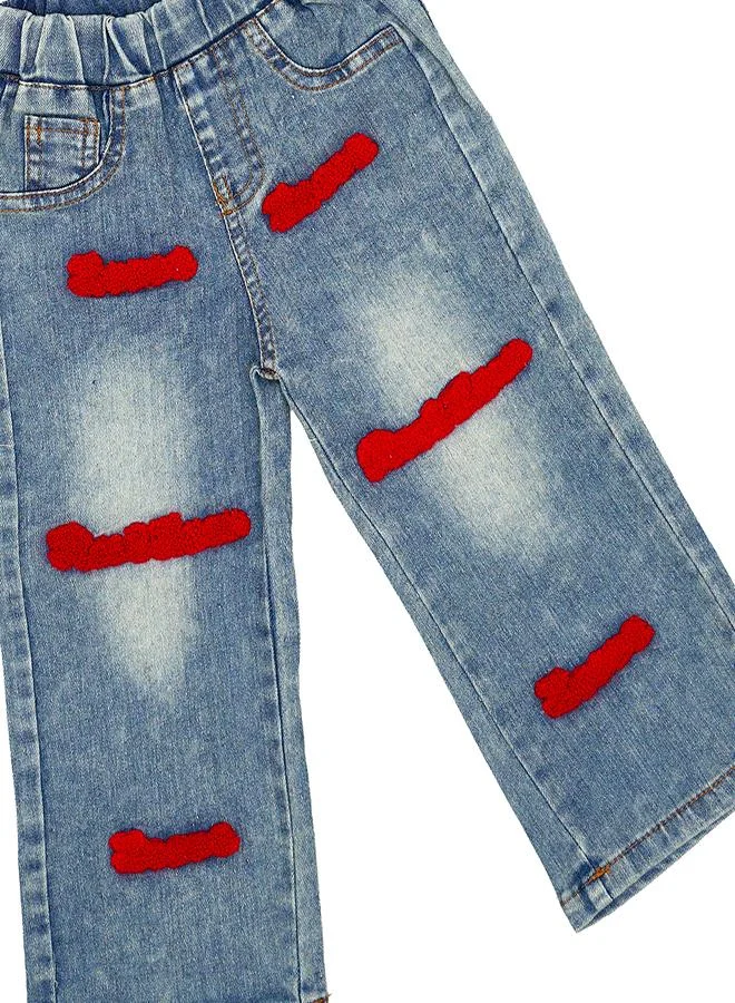 babyqlo Red Bow Top With Patched Denim Jeans Set