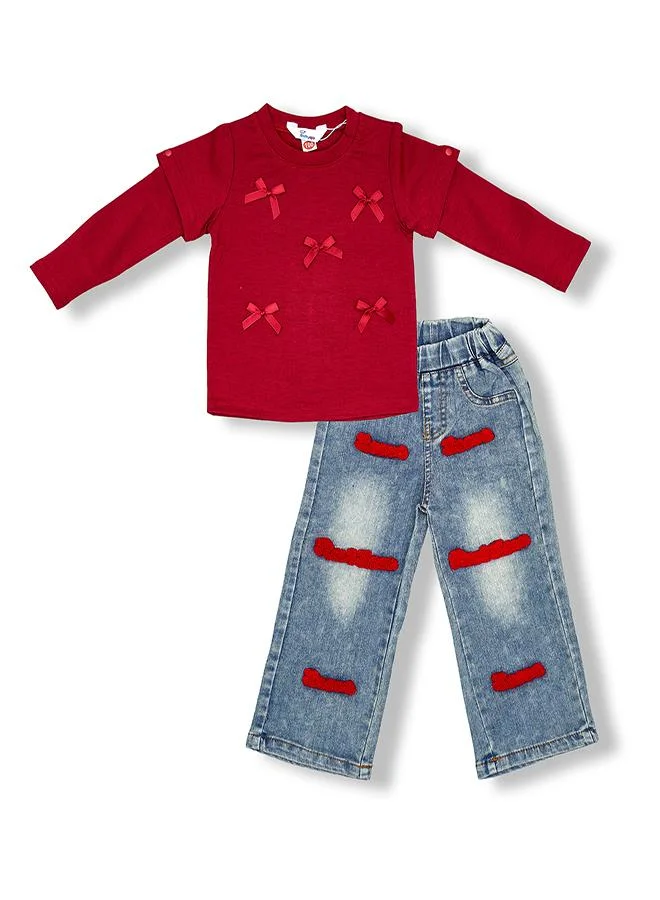 babyqlo Red Bow Top With Patched Denim Jeans Set