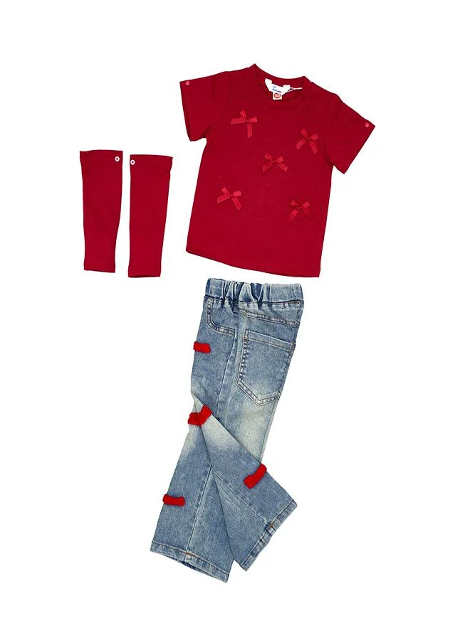 babyqlo Red Bow Top With Patched Denim Jeans Set