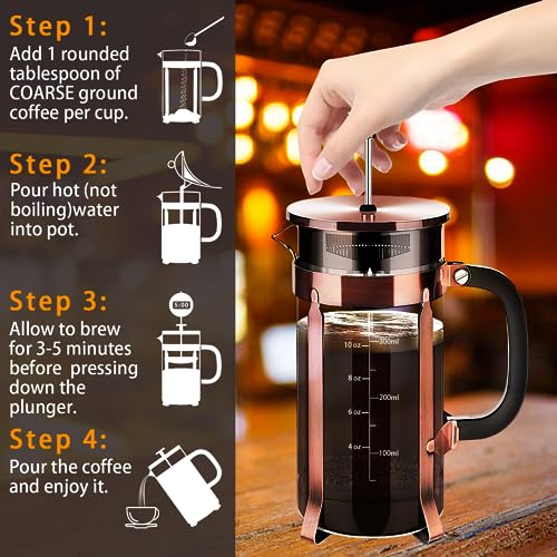 YMMIND French Press Coffee Maker 304 Stainless Steel Coffee Press,with 4 Filters System, Heat Resistant Thickness Borosilicate French Press Glass, BPA-Free Brewed Tea Pot Coffee Plunger(Copper 12oz) - Image 5