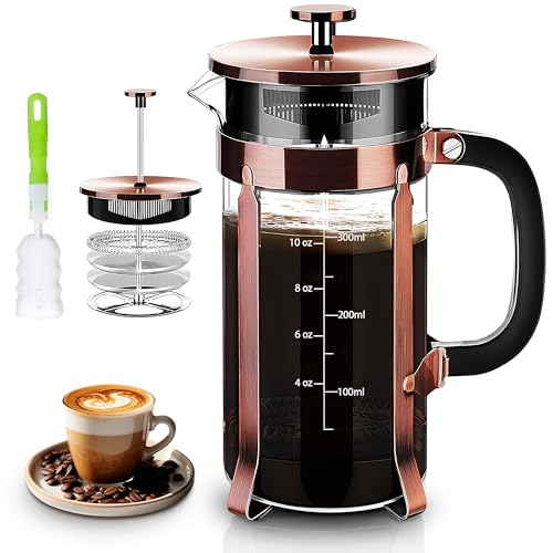 YMMIND French Press Coffee Maker 304 Stainless Steel Coffee Press,with 4 Filters System, Heat Resistant Thickness Borosilicate French Press Glass, BPA-Free Brewed Tea Pot Coffee Plunger(Copper 12oz) - Image 1