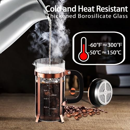 YMMIND French Press Coffee Maker 304 Stainless Steel Coffee Press,with 4 Filters System, Heat Resistant Thickness Borosilicate French Press Glass, BPA-Free Brewed Tea Pot Coffee Plunger(Copper 12oz) - Image 3