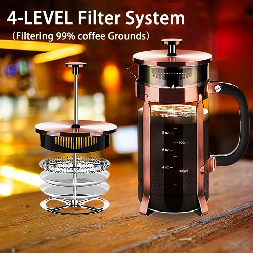 YMMIND French Press Coffee Maker 304 Stainless Steel Coffee Press,with 4 Filters System, Heat Resistant Thickness Borosilicate French Press Glass, BPA-Free Brewed Tea Pot Coffee Plunger(Copper 12oz) - Image 2
