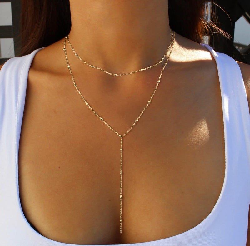 CHESKY Dainty Lariat Necklace for Women, 14k Gold Plated Layered Long Necklaces Women Trendy Y-Shaped Pendant Necklaces Simple Beaded Drop Chain Necklace Jewelry Wedding - Image 5