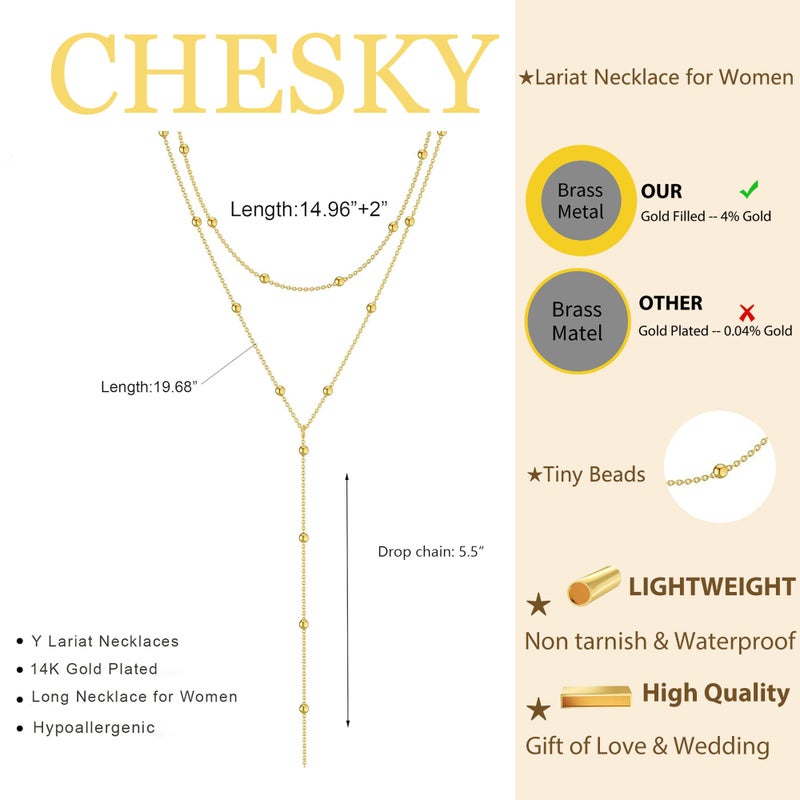 CHESKY Dainty Lariat Necklace for Women, 14k Gold Plated Layered Long Necklaces Women Trendy Y-Shaped Pendant Necklaces Simple Beaded Drop Chain Necklace Jewelry Wedding - Image 2