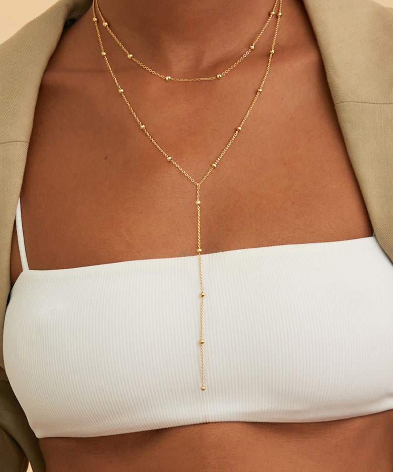 CHESKY Dainty Lariat Necklace for Women, 14k Gold Plated Layered Long Necklaces Women Trendy Y-Shaped Pendant Necklaces Simple Beaded Drop Chain Necklace Jewelry Wedding - Image 3