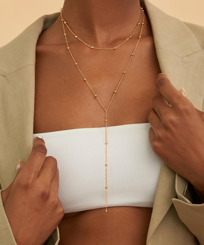 CHESKY Dainty Lariat Necklace for Women, 14k Gold Plated Layered Long Necklaces Women Trendy Y-Shaped Pendant Necklaces Simple Beaded Drop Chain Necklace Jewelry Wedding - Image 4