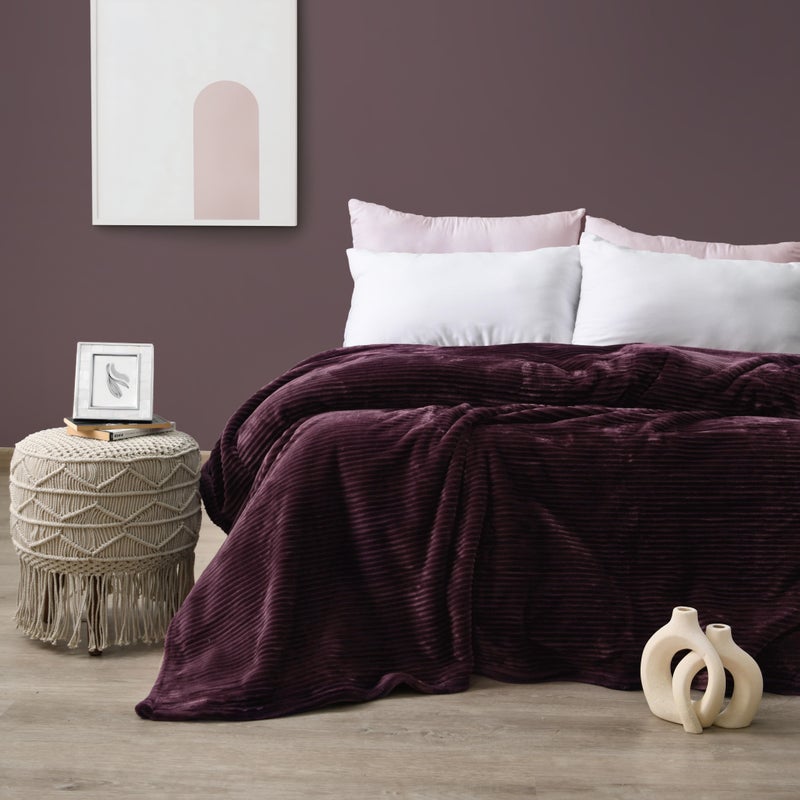 MORANO Fluffy Soft Blanket | Double Size 220x240 cm | Plush Stripes Texture 310 gsm | Color - Classic Burgundy | Ideal for Beds, Sofa or Travel - Image 1