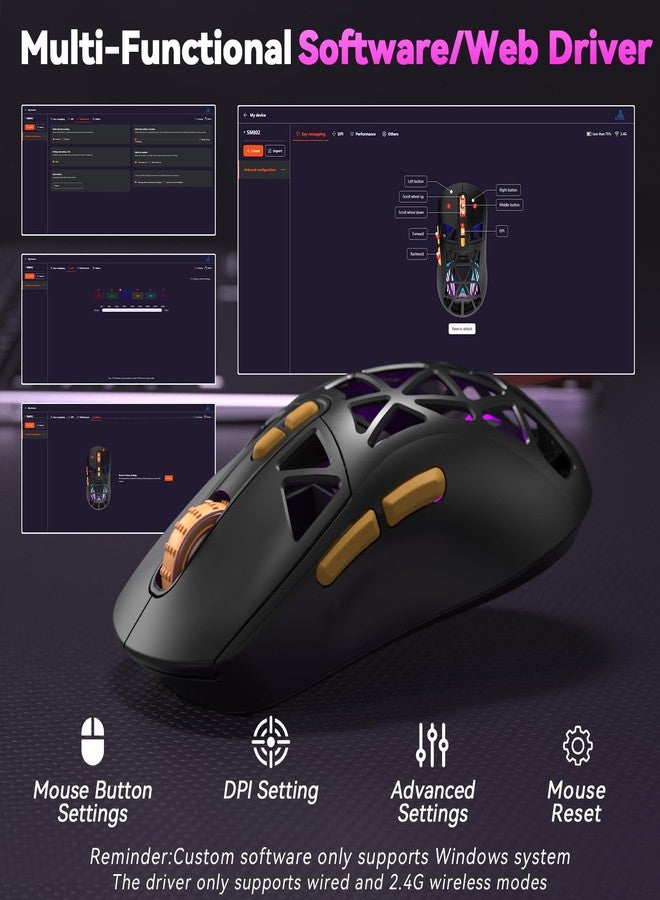 CORBOBO SOLAKAKA SM802 Wireless Gaming Mouse,24,000 DPI Max,Tri-Mode 2.4GHz/BT/Wired USB Rechargeable Gamer Mouse with RGB,Programmable Macro Buttons,68g Lightweight Computer Mouse for Laptop/PC/Mac - Image 5