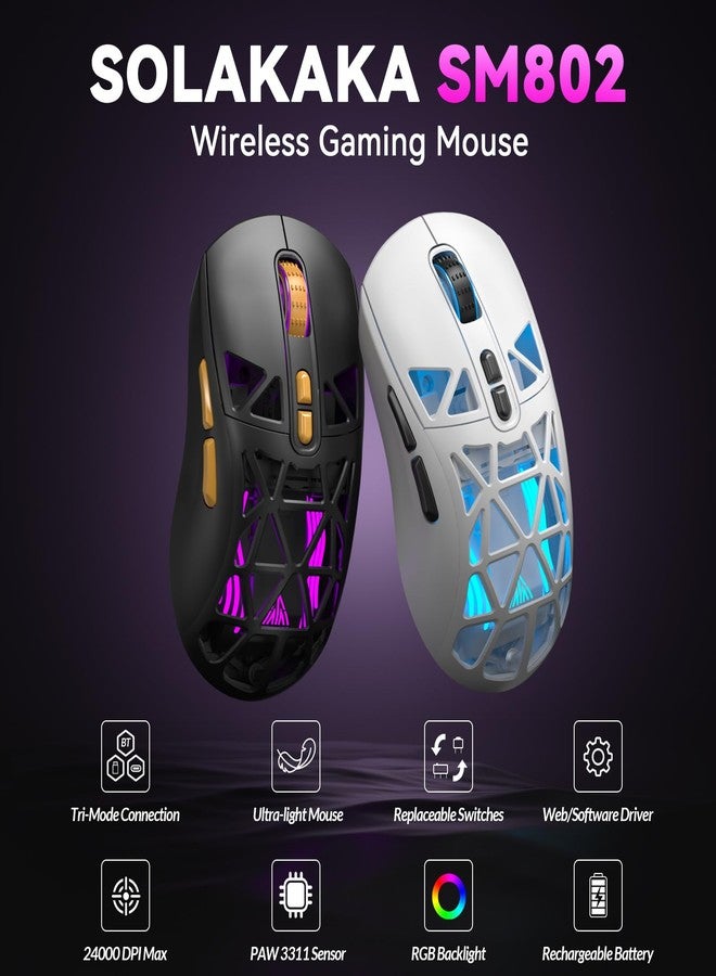 CORBOBO SOLAKAKA SM802 Wireless Gaming Mouse,24,000 DPI Max,Tri-Mode 2.4GHz/BT/Wired USB Rechargeable Gamer Mouse with RGB,Programmable Macro Buttons,68g Lightweight Computer Mouse for Laptop/PC/Mac - Image 2