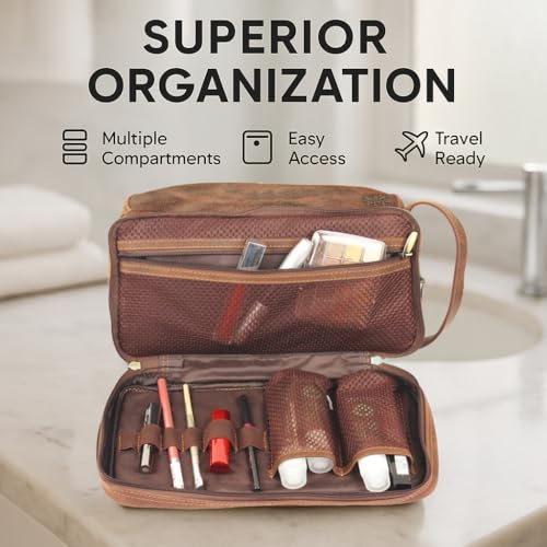 Rustic Town Full Grain Leather Brown Toiletry Bag Cosmetic Grooming Hygiene Bathroom Pouch Dopp Case Makeup Shaving Kit Hanging Travel Organizer Gift for Men and Women - Image 4