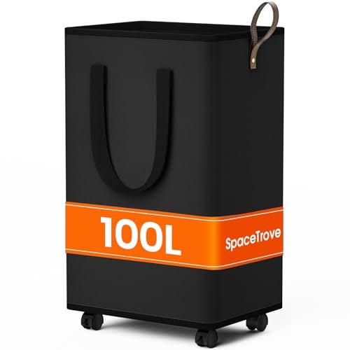 SpaceTrove Laundry Basket with Wheels, Collapsible Laundry Baskets, Laundry Hamper with Handles Detachable Wheels, Rolling Laundry Basket, Dirty Clothes Hamper for Bathroom, Dorm, Bedroom, Black, 100L - Image 1