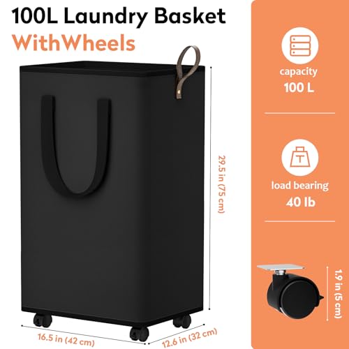SpaceTrove Laundry Basket with Wheels, Collapsible Laundry Baskets, Laundry Hamper with Handles Detachable Wheels, Rolling Laundry Basket, Dirty Clothes Hamper for Bathroom, Dorm, Bedroom, Black, 100L - Image 2