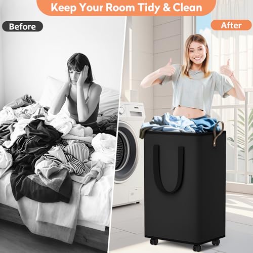 SpaceTrove Laundry Basket with Wheels, Collapsible Laundry Baskets, Laundry Hamper with Handles Detachable Wheels, Rolling Laundry Basket, Dirty Clothes Hamper for Bathroom, Dorm, Bedroom, Black, 100L - Image 4