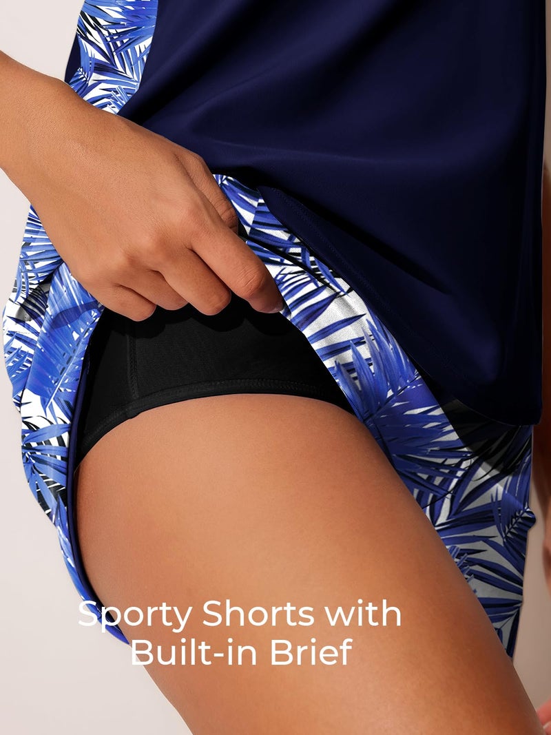 Summer Mae Blouson Tankini Swimsuits for Women 2026 Tummy Control Two Piece Bathing Suits with Sporty Pockets Swim Shorts Azure Leafsea Size 14 - Image 5
