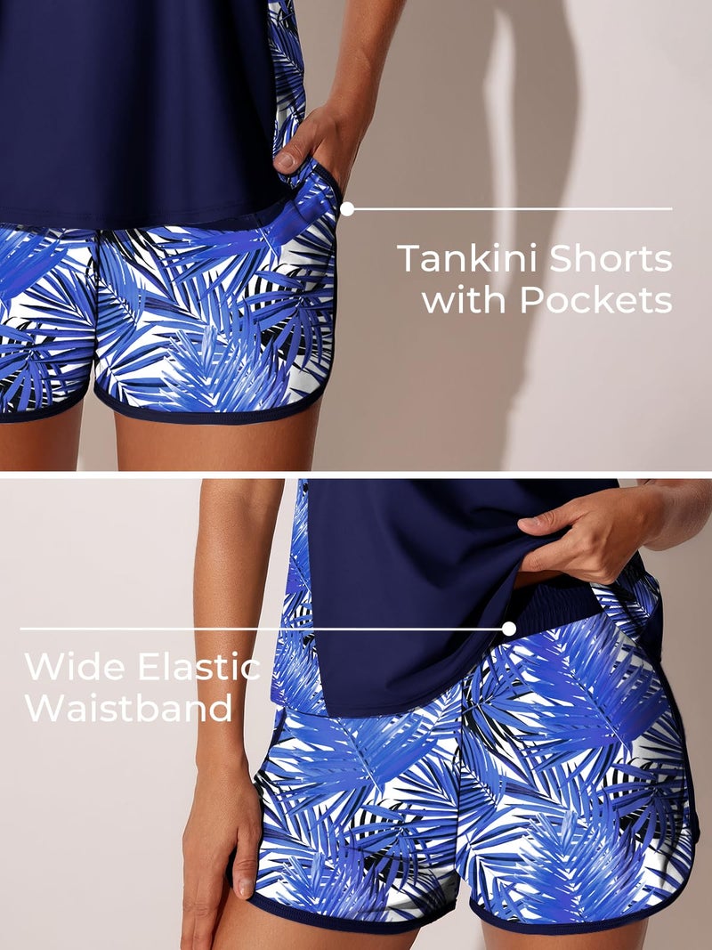 Summer Mae Blouson Tankini Swimsuits for Women 2026 Tummy Control Two Piece Bathing Suits with Sporty Pockets Swim Shorts Azure Leafsea Size 14 - Image 4