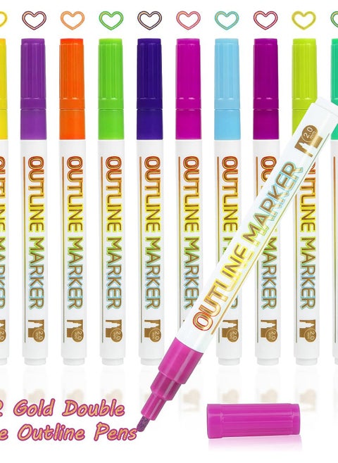 12 Color Highlighter Set, Outline Markers, Gold Double Line Paint Outline Markers, Bold Super Wavy Markers