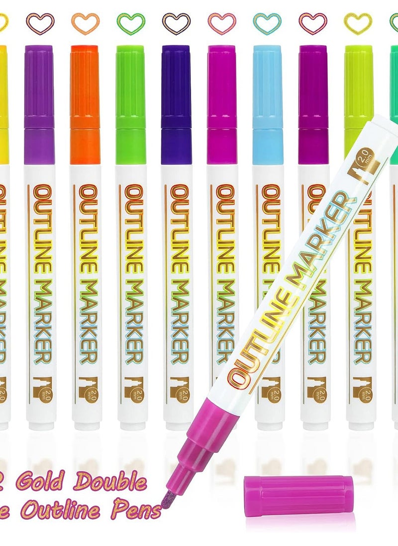 12 Color Highlighter Set, Outline Markers, Gold Double Line Paint Outline Markers, Bold Super Wavy Markers