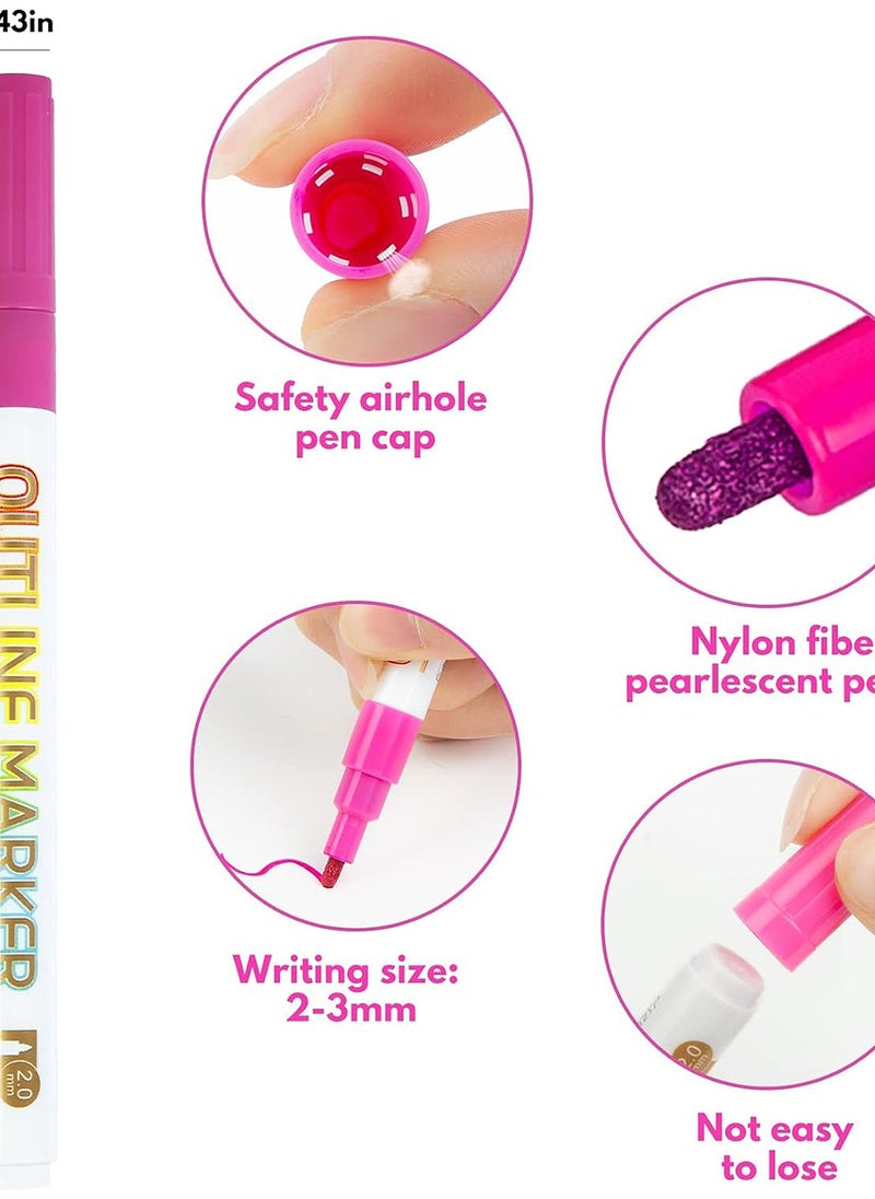 12 Color Highlighter Set, Outline Markers, Gold Double Line Paint Outline Markers, Bold Super Wavy Markers