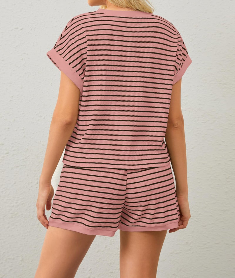MISSACTIVER 2 Piece Lounge Set Women Stripe Knit Short Sleeve Tee Shirts Shorts Casual Summer Loungewear Shorts Sets - Image 3