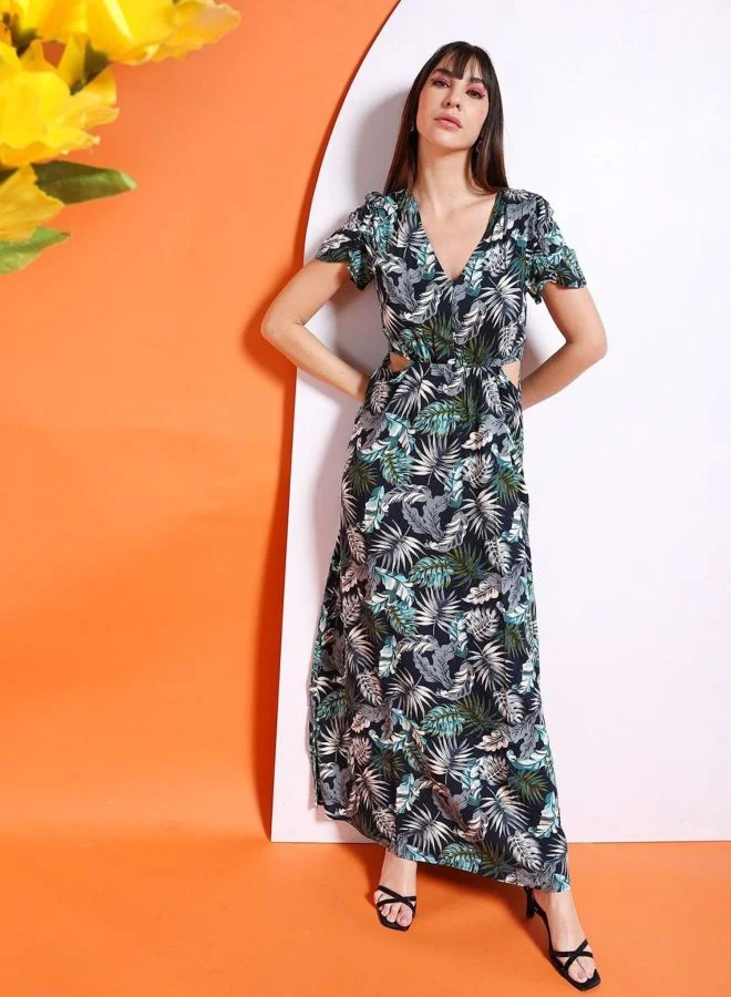 Freehand  Women Fit and Flared Tropical Printed V-Neck Short Sleeve Waist Cut Out Long Dress for Women | Best Price UAE