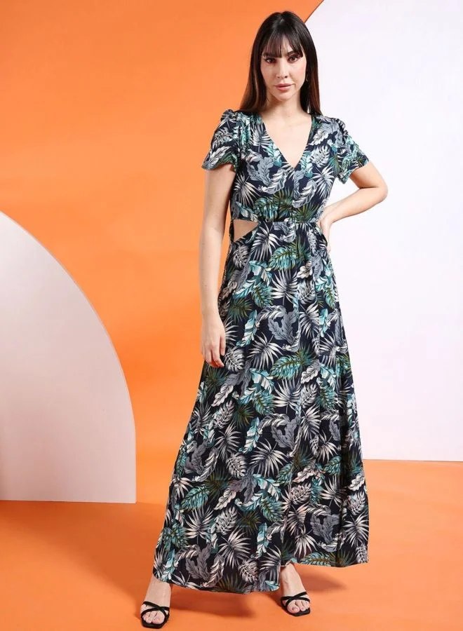 Women Fit and Flared Tropical Printed V-Neck Short Sleeve Waist Cut Out Long Dress